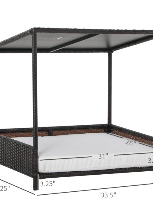 Wicker Dog House Raised Rattan Puppy Bed Cat Shelter for Indoor Outdoor Garden Patio Pet Sofa with Removable Cushion for Medium Sized Pet Brown