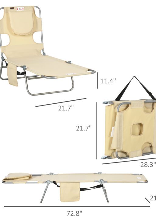 Folding Outdoor Chaise Lounge Sun Tanning Chair with Face Cavity, Pillow, 5-level Adjustable for Beach, Pool, Beige