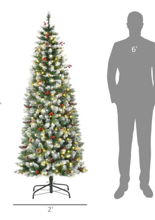 6ft Pre-Lit Snow-Dipped Artificial Christmas Tree with Realistic Branches, 300 LED Lights, Pine Cones, Red Berries and 618 Tips