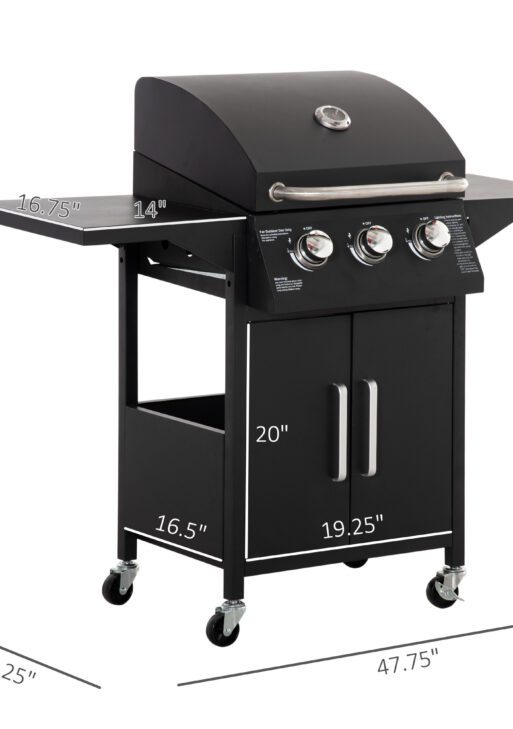 Outdoor 3 Burner Gas Grill Portable Barbecue w/ Wheels, Warming Rack, Shelves, Cabinet, Thermometer, Black