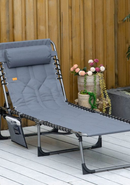 Padded Folding Chaise Lounge Chair, Outdoor 6-Level Reclining Camping Tanning Chair with Headrest for Beach, Yard, Patio, Pool, Gray