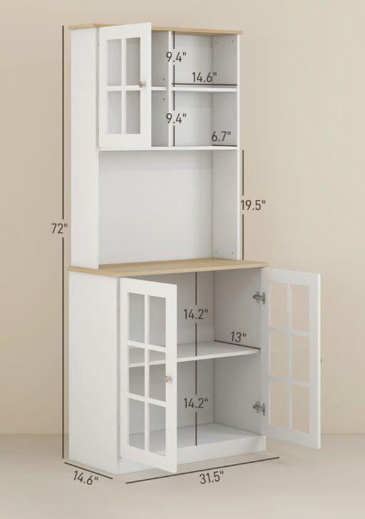 Kitchen Pantry Cabinet, 72" Freestanding Storage Cabinet with Hutch, Large Countertop, Glass Doors and Adjustable Shelves, Microwave Cabinet, Coffee Bar Cabinet for Dining Room, White