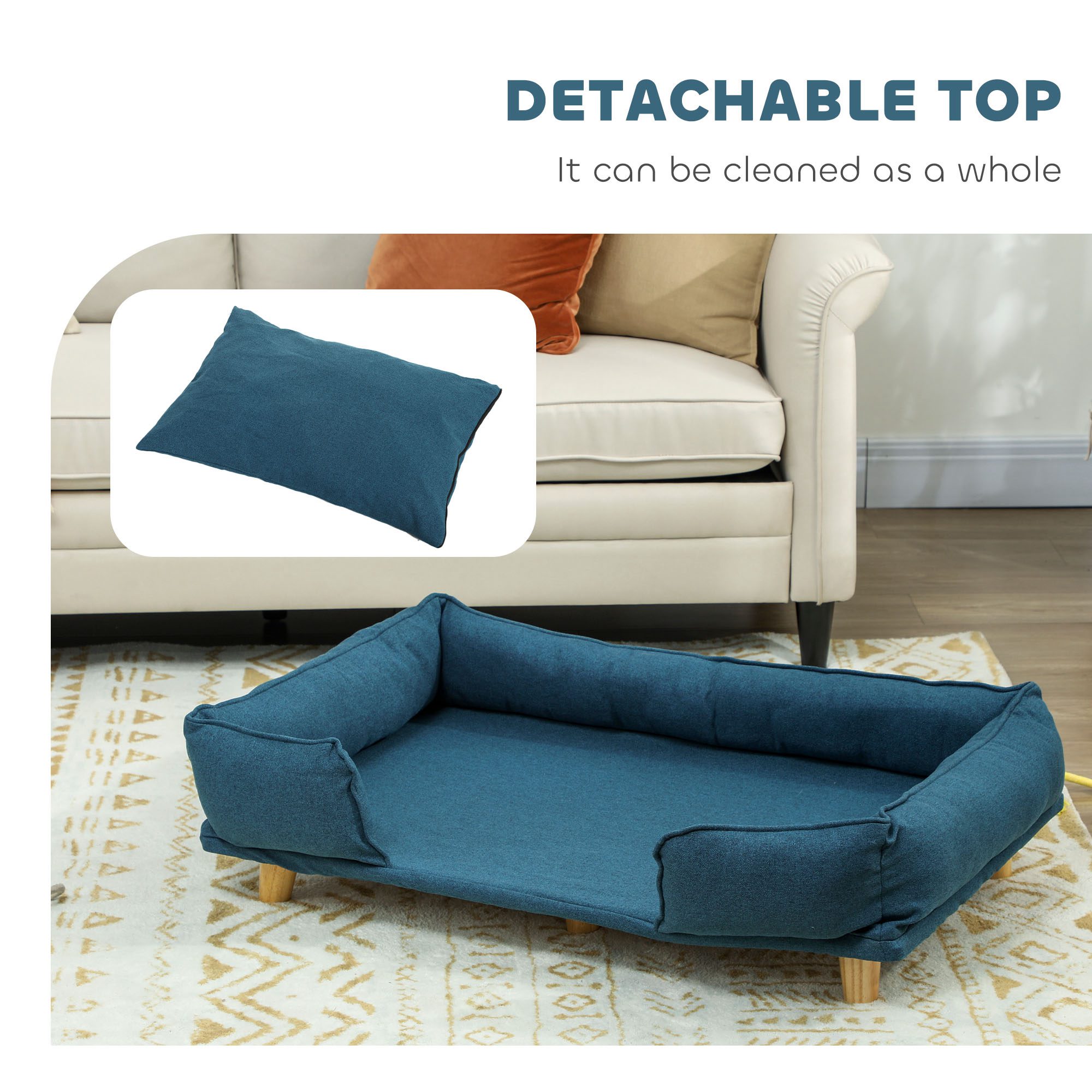 Raised Dog Couch with Comfortable Cushion, Pine Wood Legs, Foot Pads for Large-Sized Dogs Indoor Use, Dark Blue - Image 3