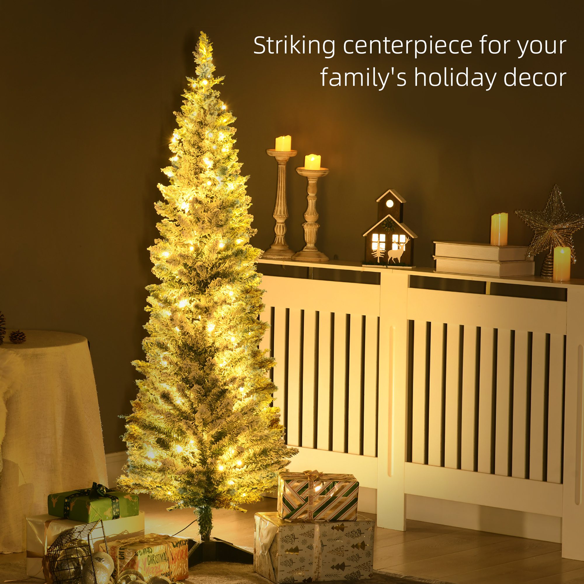 5ft Pencil Christmas Tree, Slim Artificial Christmas Tree with Realistic Branches and Warm White LED Lights, Green - Image 2