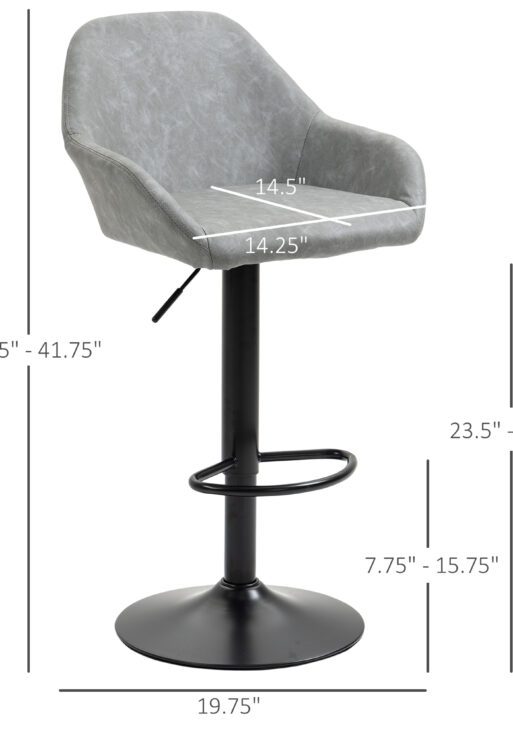 Adjustable Bar Stools, Swivel Counter Height Barstools with Footrest and Back, PU Leather and Steel Round Base, for Kitchen Counter and Dining Room, Set of 2, Grey
