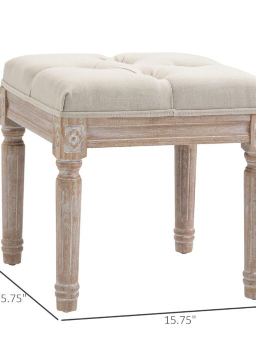 Ottoman Bench Vintage Footrest w/ Button Tufted Seat, Carved Wooden Legs, Beige
