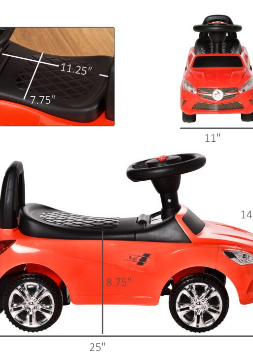 Kids Ride On Push Car, Foot-to-Floor Walking Sliding Toy Car for Toddler with Working Horn, Music, Headlights and Storage, Red