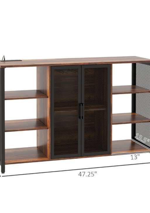LED Wine Cabinet with Charging Station Glass Holders, Open Shelves, Rustic Brown