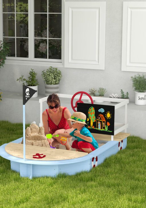 Wooden Sandbox with Pirate Ship Design for 3-7 Years, Blue