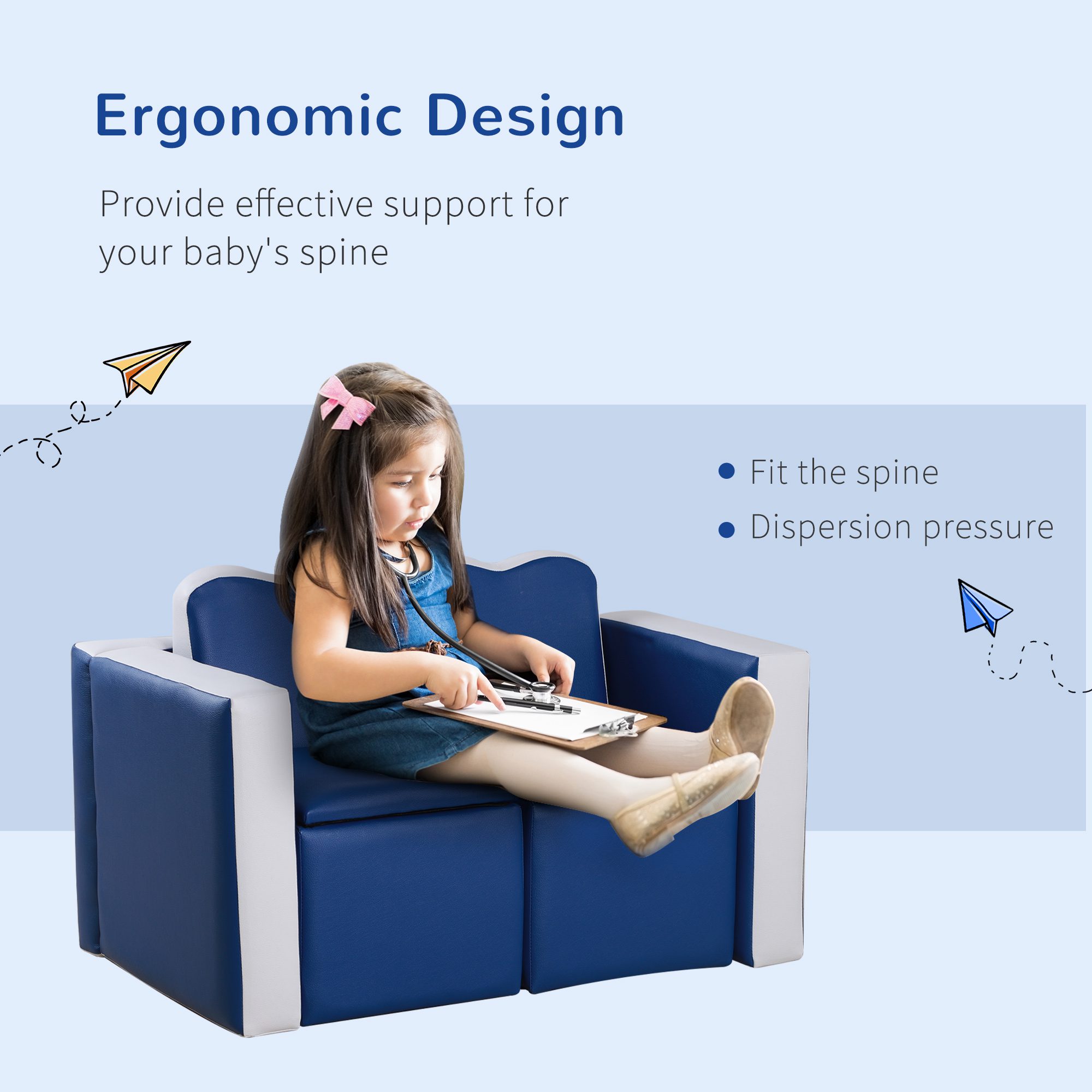 Kids Sofa Set 2-in-1 Multi-Functional Toddler Table Chair Set 2 Seat Couch Storage Box Soft Sturdy Blue - Image 2