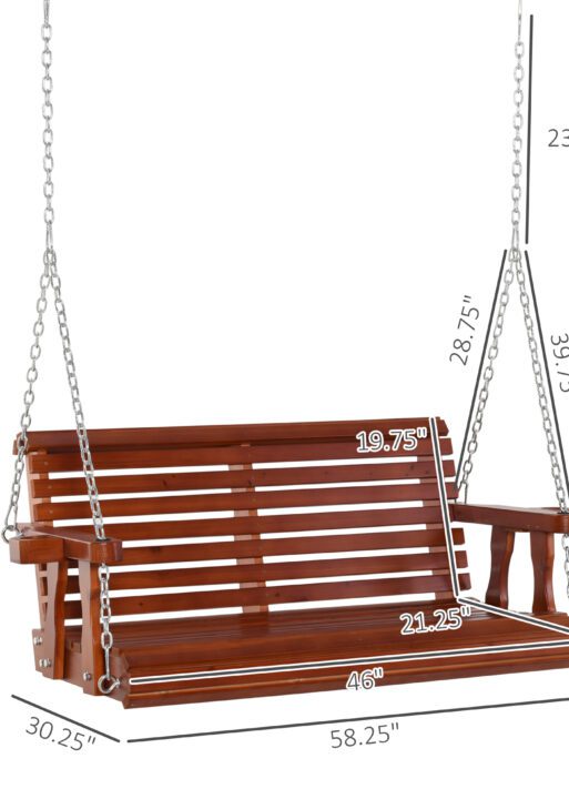 Porch Swing with Chains and Cupholders, 2 Person Wooden Patio Swing Chair, 440 lbs. Weight Capacity, for Garden, Poolside, Backyard, Brown