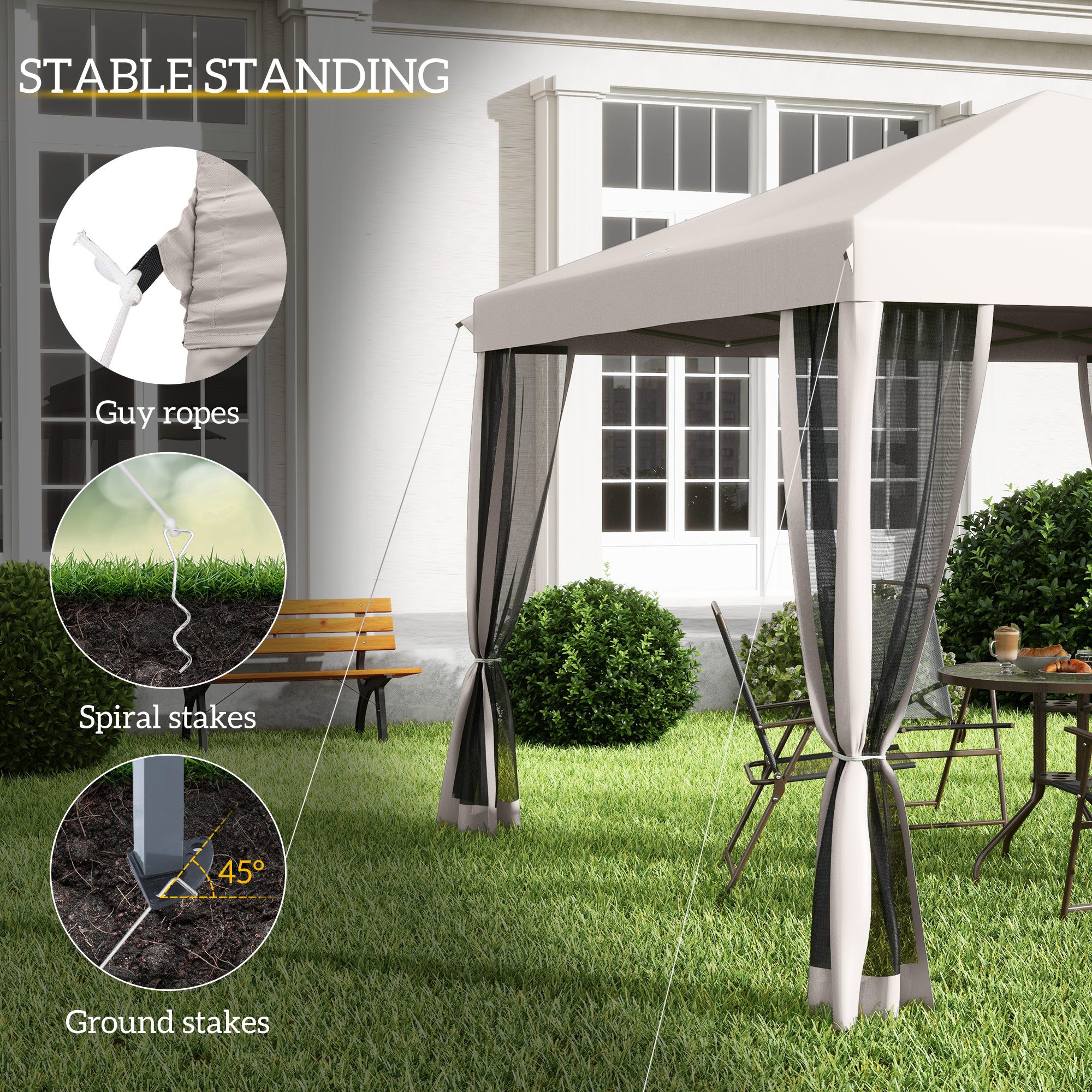10' x 10' Pop Up Canopy Tent with Netting, Instant Gazebo, Screen House Room with Carry Bag, Height Adjustable, for Outdoor, Garden, Patio, Camping, Beige - Image 4
