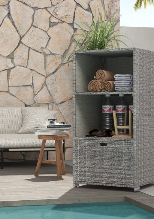 PE Rattan Pool Towel Rack with 2 Storage Shelves Basket Mixed gray