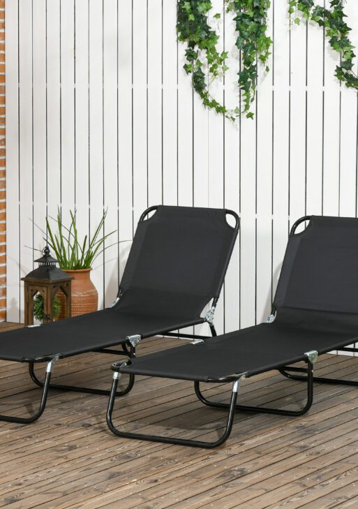 2 Piece Folding Chaise Lounge Pool Chairs, Outdoor Sun Tanning Chairs with 5-Level Reclining Back, Steel Frame for Beach, Yard, Patio, Black