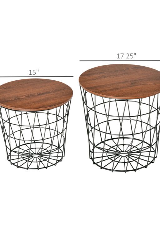 End Tables Set of 2, Nesting Tables with Storage, Round Accent Side Tables with Removable Top for Living Room, Black/ Brown