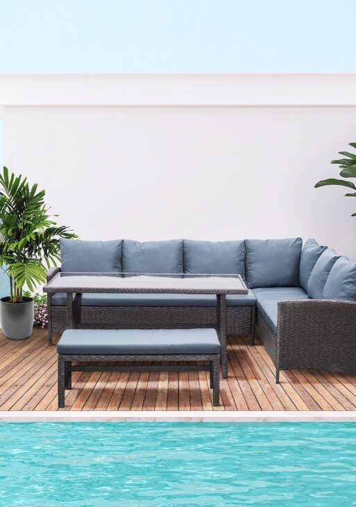4 Pieces Patio Wicker Dining Sets, Outdoor PE Rattan Sectional Conversation Set with Cushions & Dining Table, Bench for Garden, Backyard, Lawn, Gray