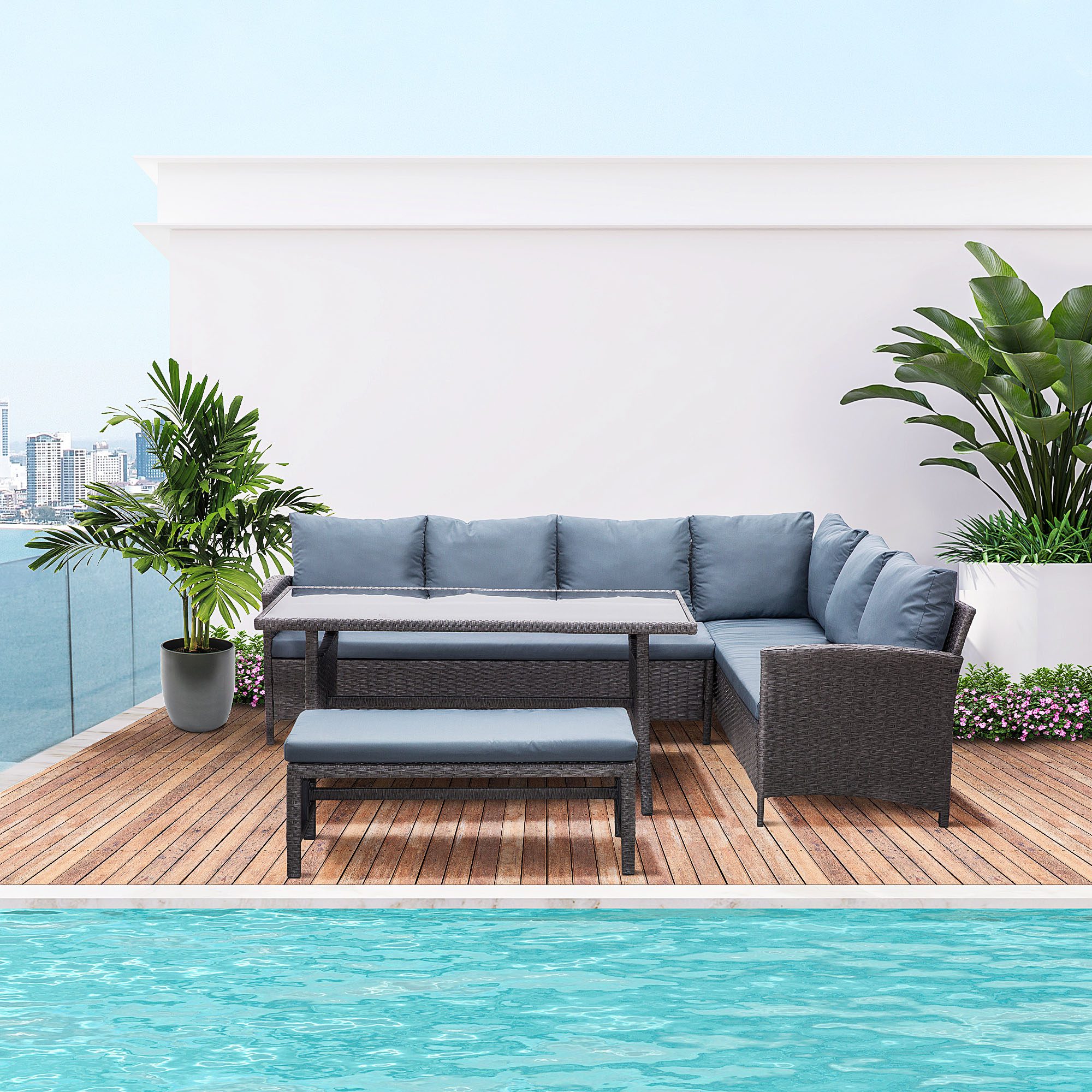 4 Pieces Patio Wicker Dining Sets, Outdoor PE Rattan Sectional Conversation Set with Cushions & Dining Table, Bench for Garden, Backyard, Lawn, Gray