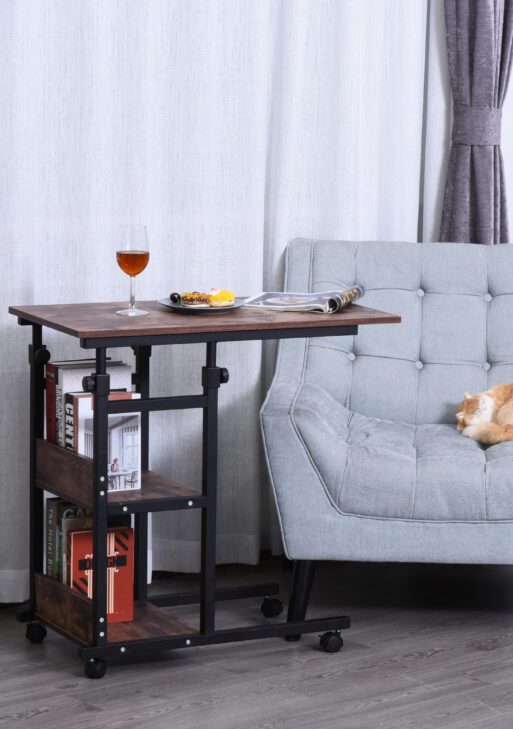 Industrial C-Shaped Mobile Rolling Sofa Side Table with 3-Tier Storage Shelving, Adjustable Height, & Wheels