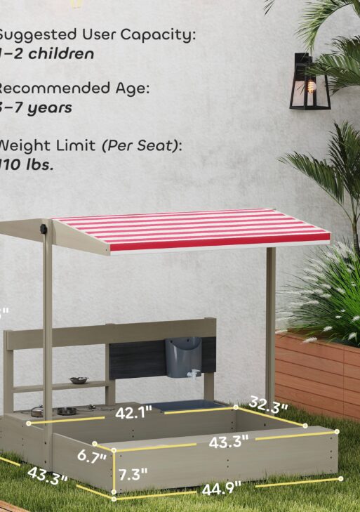 Kids Sandbox with Height Adjustable Canopy, Wooden Sandbox Backyard Toy with Kitchen Playset Accessories, Outdoor Activity Gift for Girls and Boys, Ages 3-7