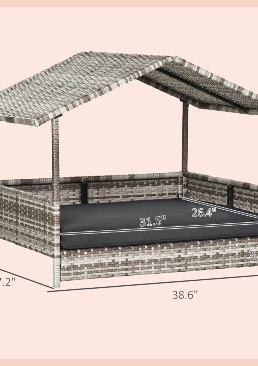 Wicker Dog House Elevated Raised Rattan Bed with Removable Cushion Lounge, Charcoal Gray