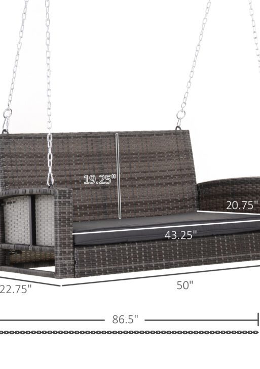 2 Person Wicker Hanging Swing Bench, Front Porch Swing Outdoor Chair with Cushions 550 lbs. Weight Capacity for Backyard, Garden, Gray