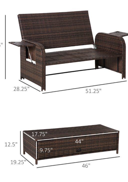Patio Rattan Daybed with Cushions, Wicker Outdoor Bed Lounger w/ Loveseat, Storage Ottoman, Coffee & Side Tables, for Poolside, Porch, Backyard, Beige
