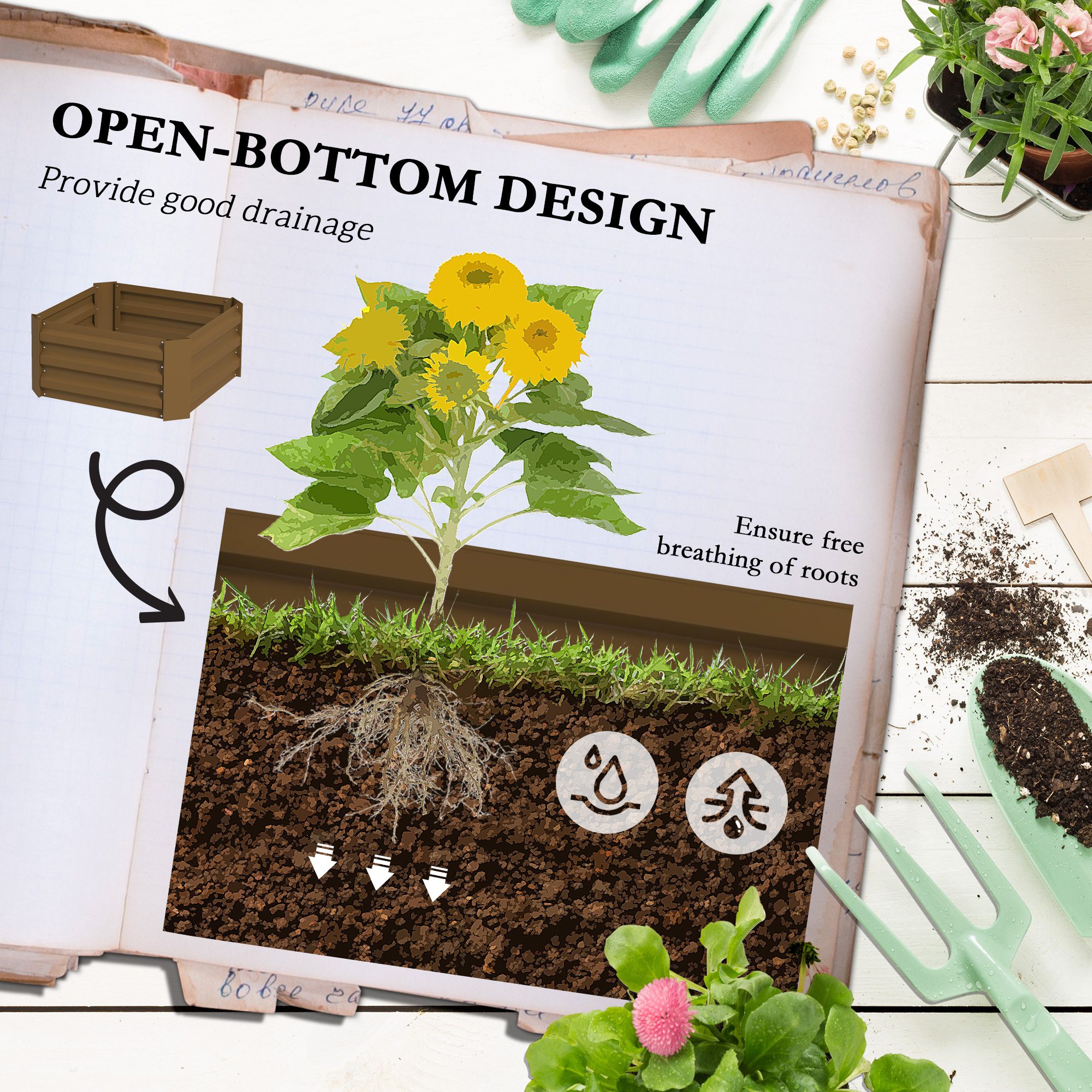 Galvanized Planter Box, 24" x 24" x 55" Raised Garden Bed with Tomato Cage for Climbing Vines, Brown - Image 3