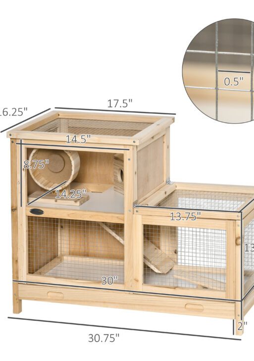 2-Tier Wooden Hamster Cage, Small Animals Hutch, w/ Seesaw, Tray