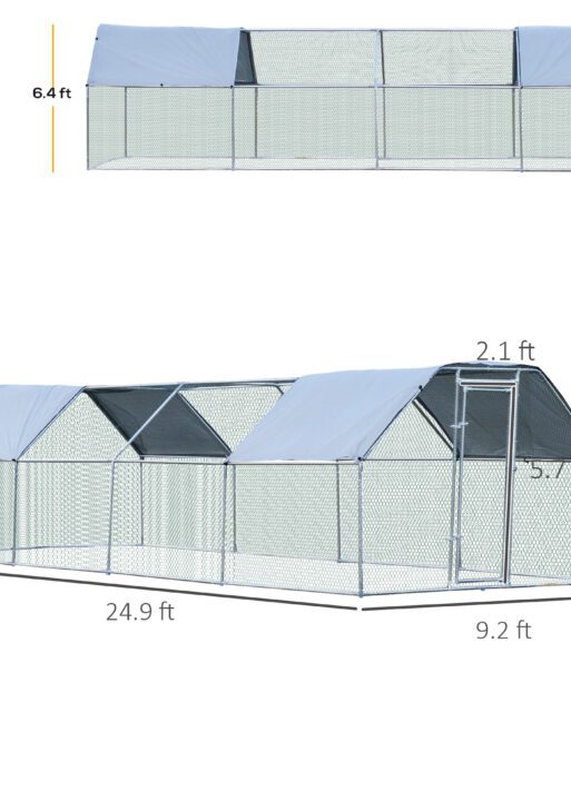 Large Chicken Coop Metal Chicken Run with Waterproof and Anti-UV Cover, Flat Shaped Walk-in Fence Cage Hen House for Outdoor and Yard Farm Use, 1.3" Tube Diameter, 9' x 24' x 6.5'