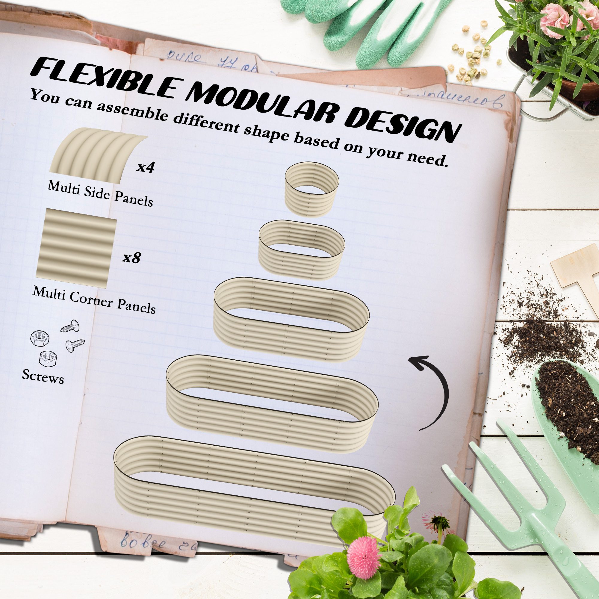 7.9' x 2' x 1.4' Galvanized Raised Garden Bed Kit, Metal Planter Box with Safety Edging, Cream - Image 2