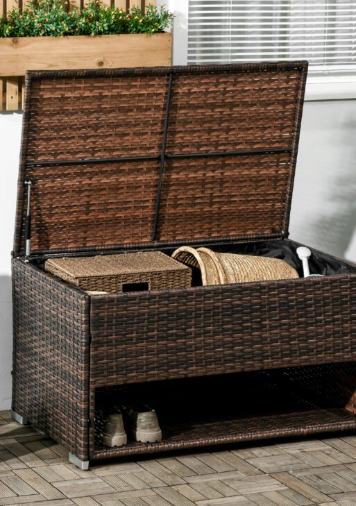 Outdoor Deck Box & Shoe Storage, PE Rattan Wicker Towel Rack with Liner for Indoor, Outdoor, Patio Furniture Cushions, Pool, Garden Tools, Brown