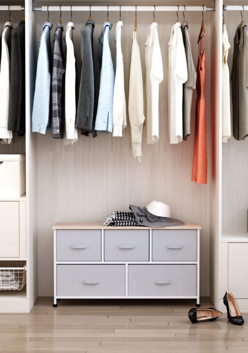 40" L 5 Drawer Horizontal Storage Cube Dresser Unit Bedroom Organizer Living Room Shelf Tower with Fabric Bins, Light Gray