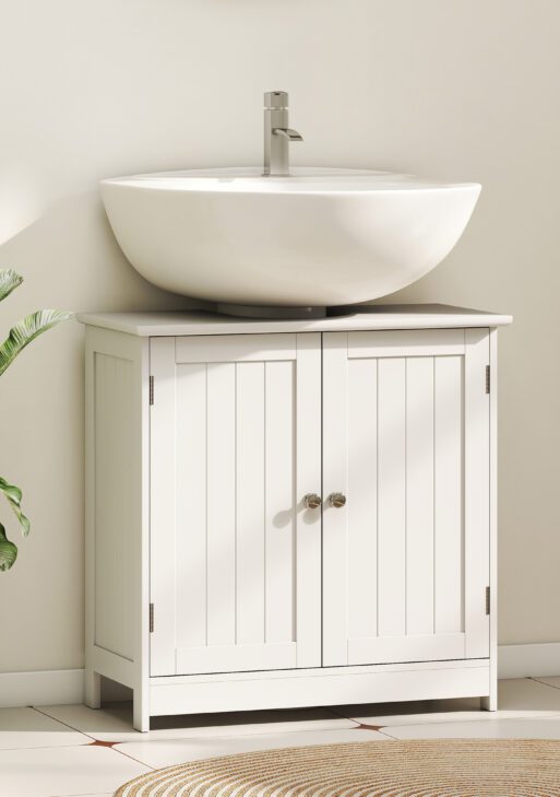 Under Sink Bathroom Cabinet, Pedestal Sink Storage Cabinet with 2 Doors, Shelf and U-Shape, White
