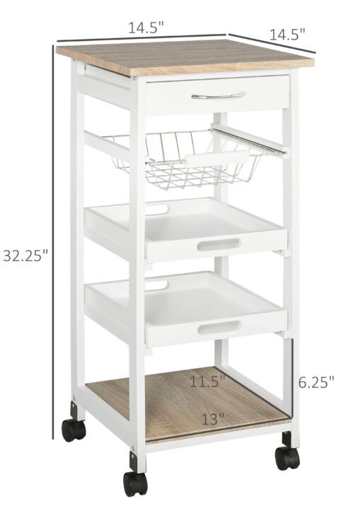 Mobile Kitchen Cart, Rolling Kitchen Island with Storage, Solid Wood Frame Utility Cart with Wire Fruit Baskets, Trays and Drawer, White