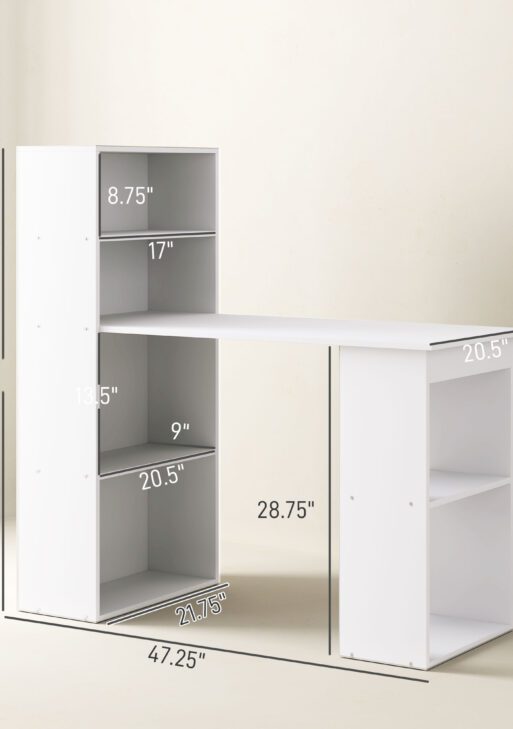 Computer Desk with 6-Tier Storage Shelves, Writing Desk Workstation with Bookshelf for Home Office, White