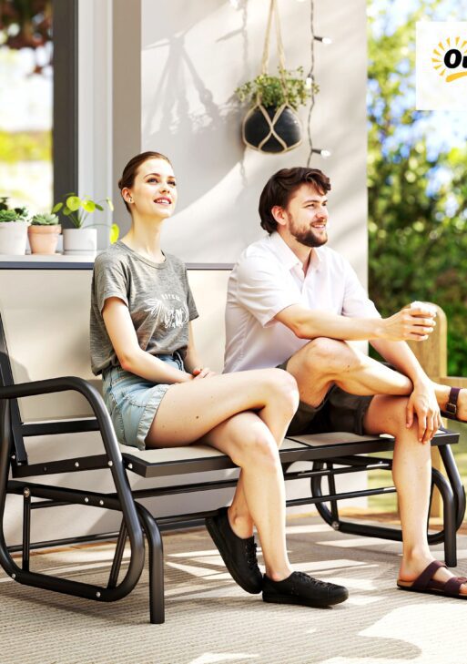 2-Person Outdoor Glider Bench, Patio Double Swing Rocking Chair Loveseat w/Powder Coated Steel Frame for Backyard Garden Porch, Beige