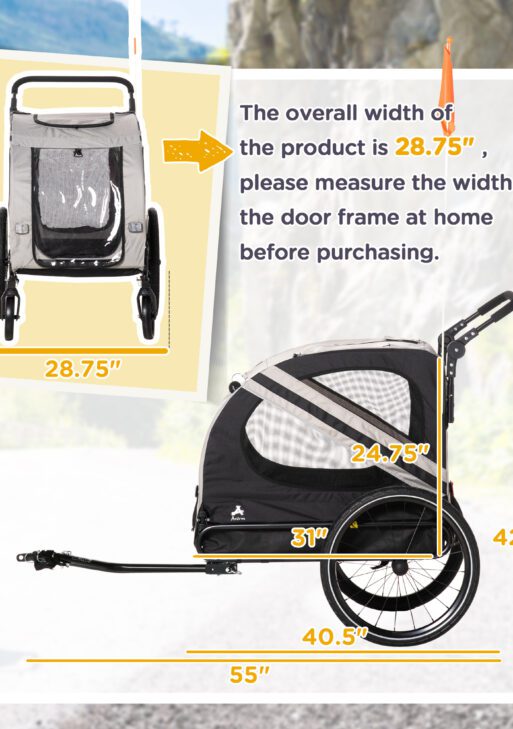 2-in-1 Pet Bike Trailer for Small Dogs, Road-Visibility Dog Stroller Bicycle Carrier, Weather-Strong Bike Wagon Trailer Sidecar Attachment, Gray