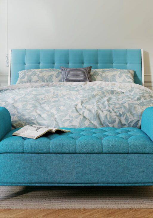 50 Inches Storage Ottoman, End of Bed Bench with Rolled Arms, Wood Legs, Button Tufted Storage Bench, Teal