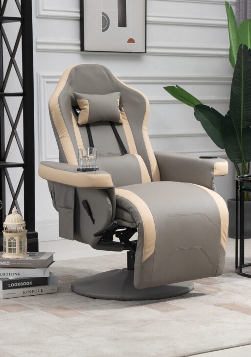 Manual Recliner Armchair PU Leather Lounge Chair w/ Adjustable Leg Rest, 135° Reclining Function, 360° Swivel, Cup Holder and, Storage Pocket