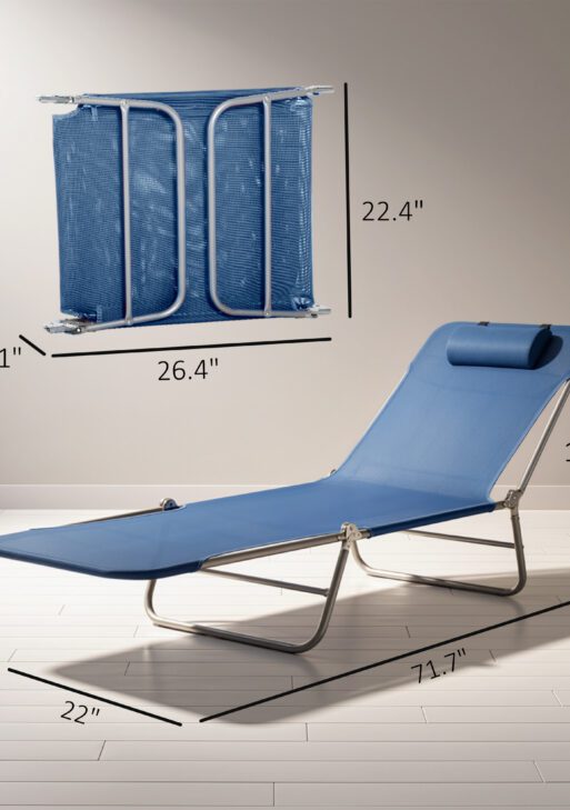 Folding Chaise Lounge Chair, Pool Sun Tanning Chair, Outdoor Lounge Chair with Reclining Back, Breathable Mesh Seat, Headrest for Beach, Yard, Patio, Dark Blue