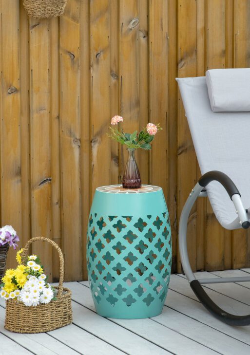 12" Patio Round Side Table, Outdoor Footstool, Garden Mosaic Accent Side Table, Plant Stand, Blue