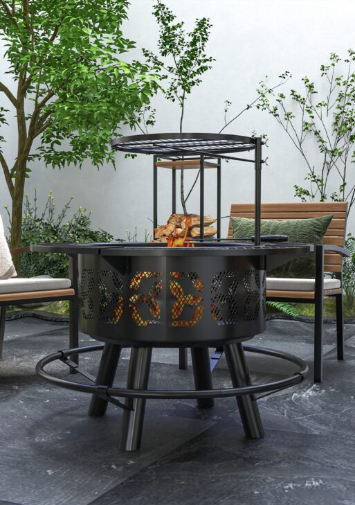 Wood Burning Fire Pit, Charcoal BBQ Grill, Portable Firepit with Cooking Grate, Pan, and Poker, 33", Black