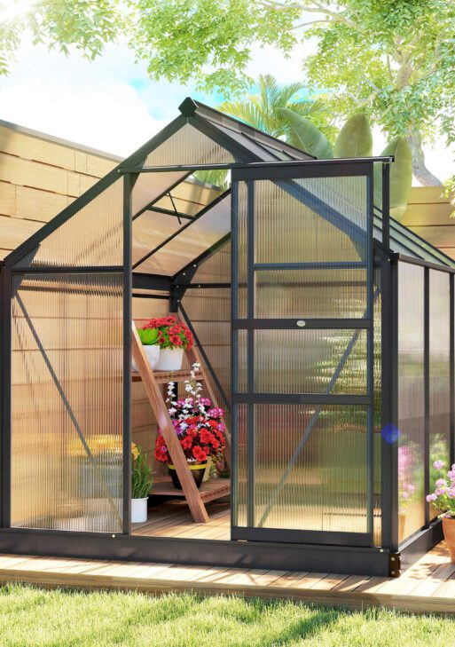 Polycarbonate Greenhouse, Heavy Duty Outdoor Aluminum Walk-in Green House Kit Vent Door, 6.2'x6.2'x6.6' Gray