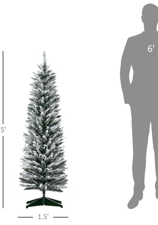 5' Snow Flocked Artificial Pencil Christmas Tree, Slim Xmas Tree with Realistic Branches and Plastic Base Stand for Indoor Decoration, Green