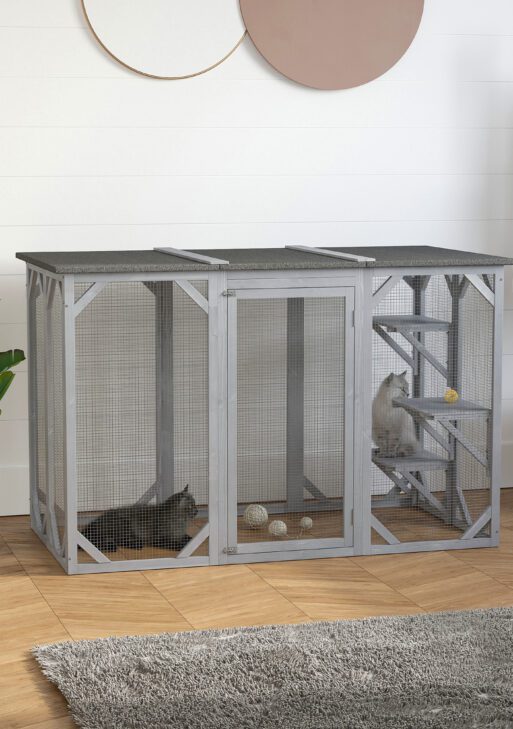 71" x 32" x 44" Large Wooden Outdoor Cat Enclosure Catio Cage With 3 Platforms, Gray