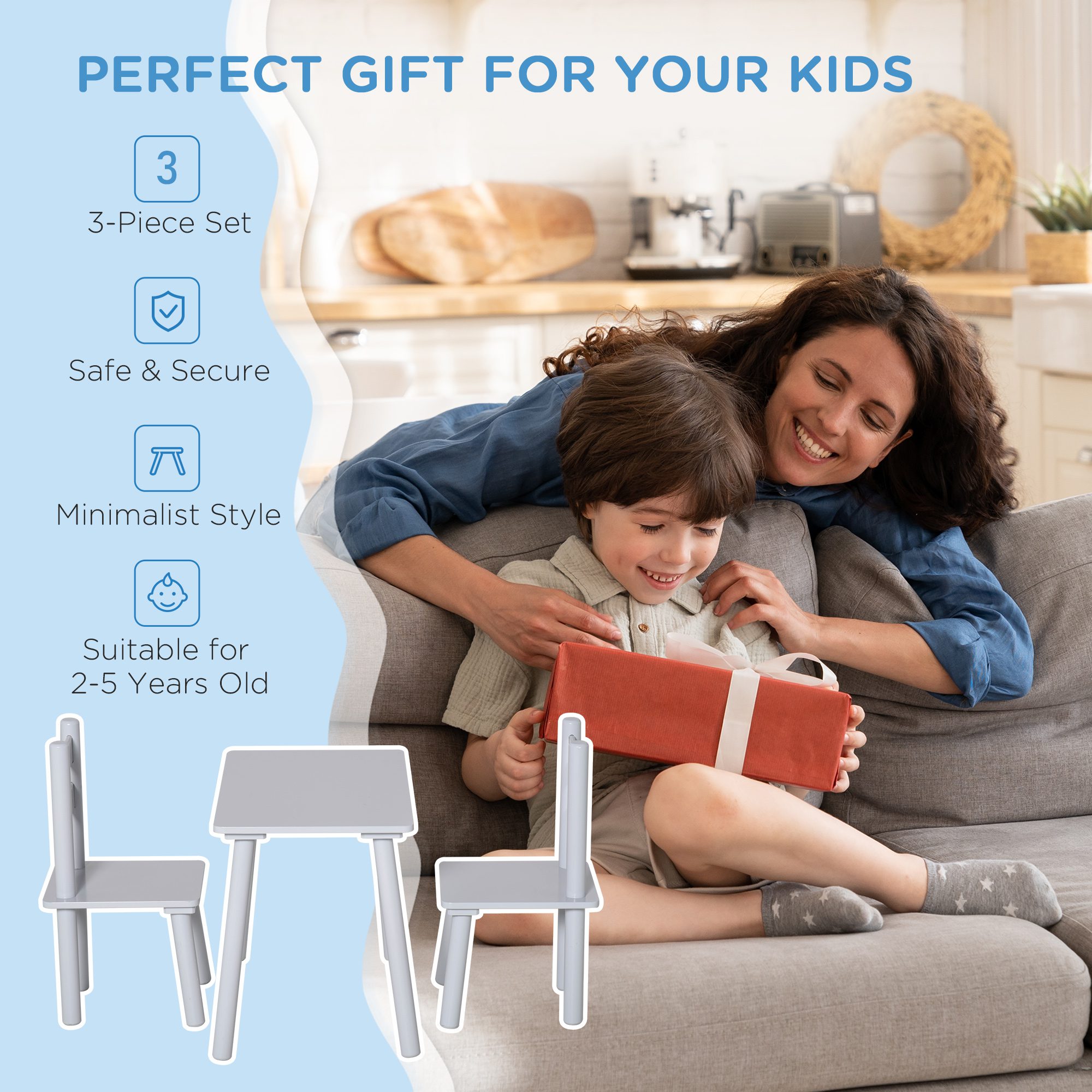 Kids Wooden Table and Chair Set, Play Activity Table for Arts, Crafts, Dinning, and Reading for Toddlers Age 2 to 5, Grey - Image 3