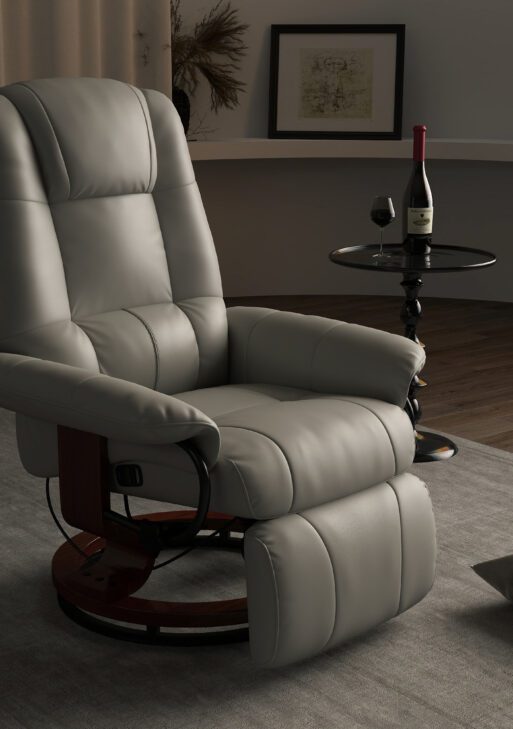 Faux Leather Manual Recliner, Adjustable Swivel Lounge Chair with Footrest, Armrest and Wrapped Wood Base for Living Room, Gray