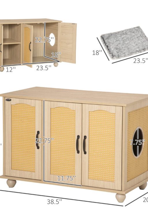 Cat Litter Box Enclosure Side Table, Cat Washroom Storage with Soft Cushion, PE Rattan, Adjustable Partition, Oak