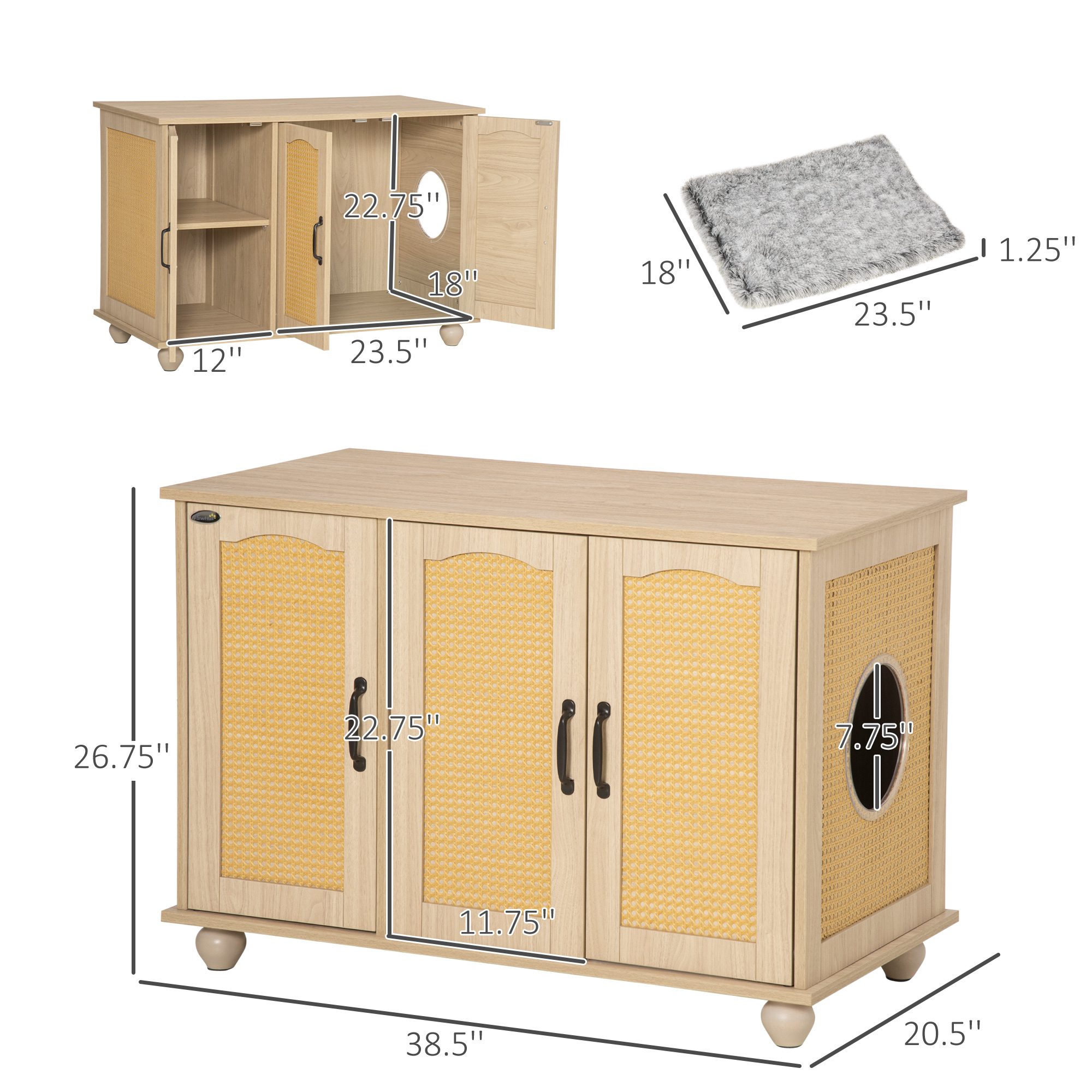 Cat Litter Box Enclosure Side Table, Cat Washroom Storage with Soft Cushion, PE Rattan, Adjustable Partition, Oak - Image 1
