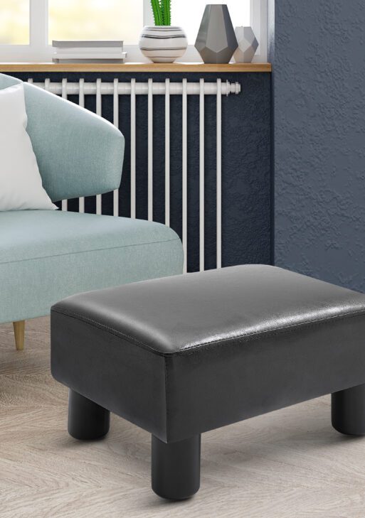 Ottoman Foot Rest, Small Foot Stool with Faux Leather Upholstery, Rectangular Ottoman Footrest with Padded Foam Seat and Plastic Legs, Bright Black